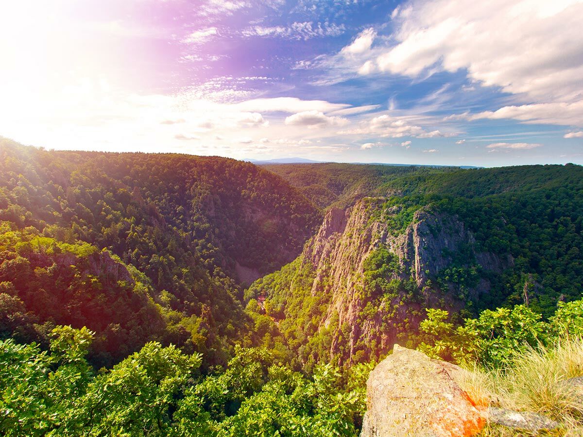 Weiter Blick über einen tiefen, grünen Canyon mit bewaldeten Hängen, steilen Felsen und Sonnenstrahlen am Himmel.