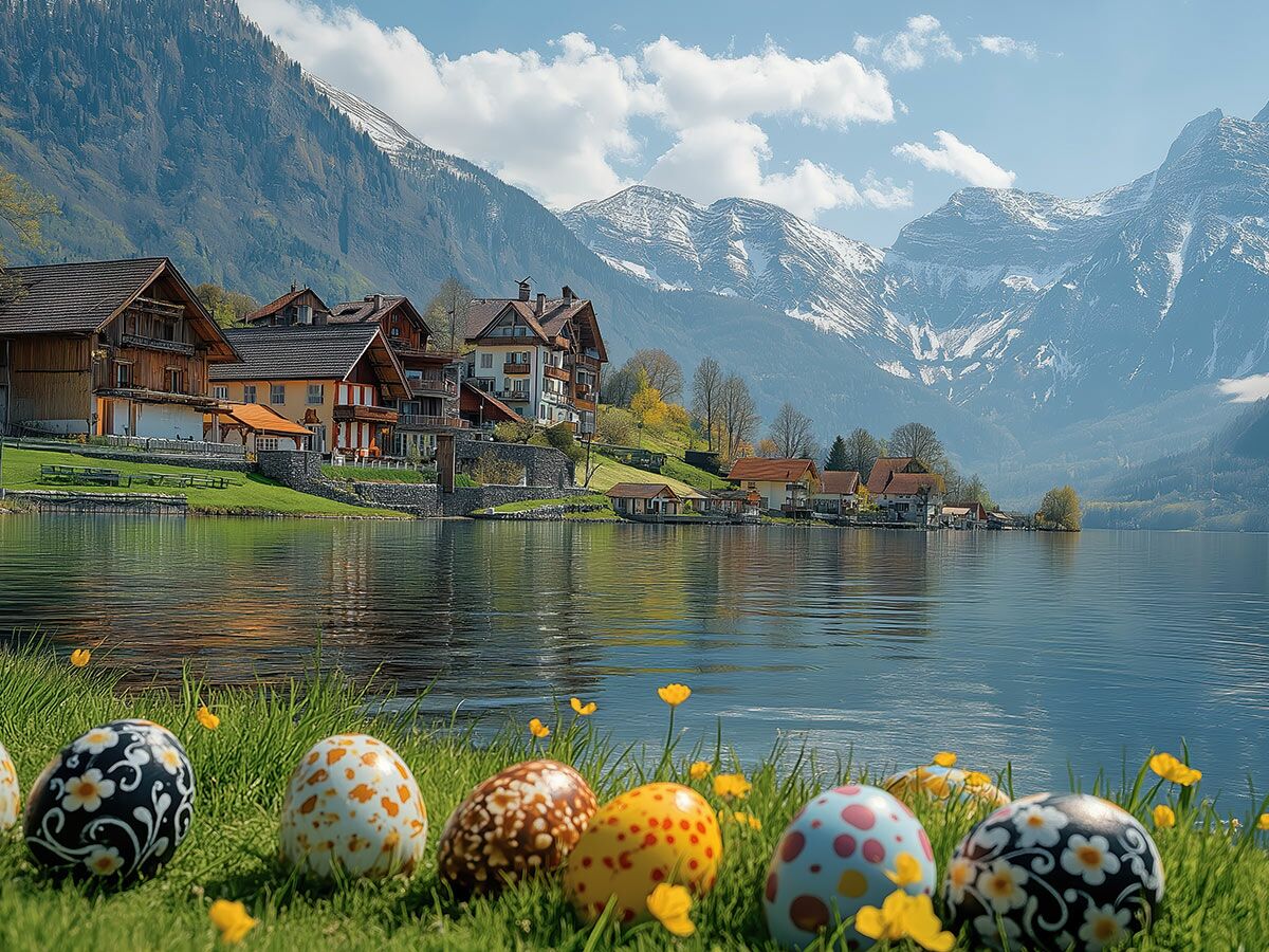 Farbenfrohe Ostereier im grünen Gras am Ufer eines Alpensees mit traditionellen Häusern und schneebedeckten Bergen.