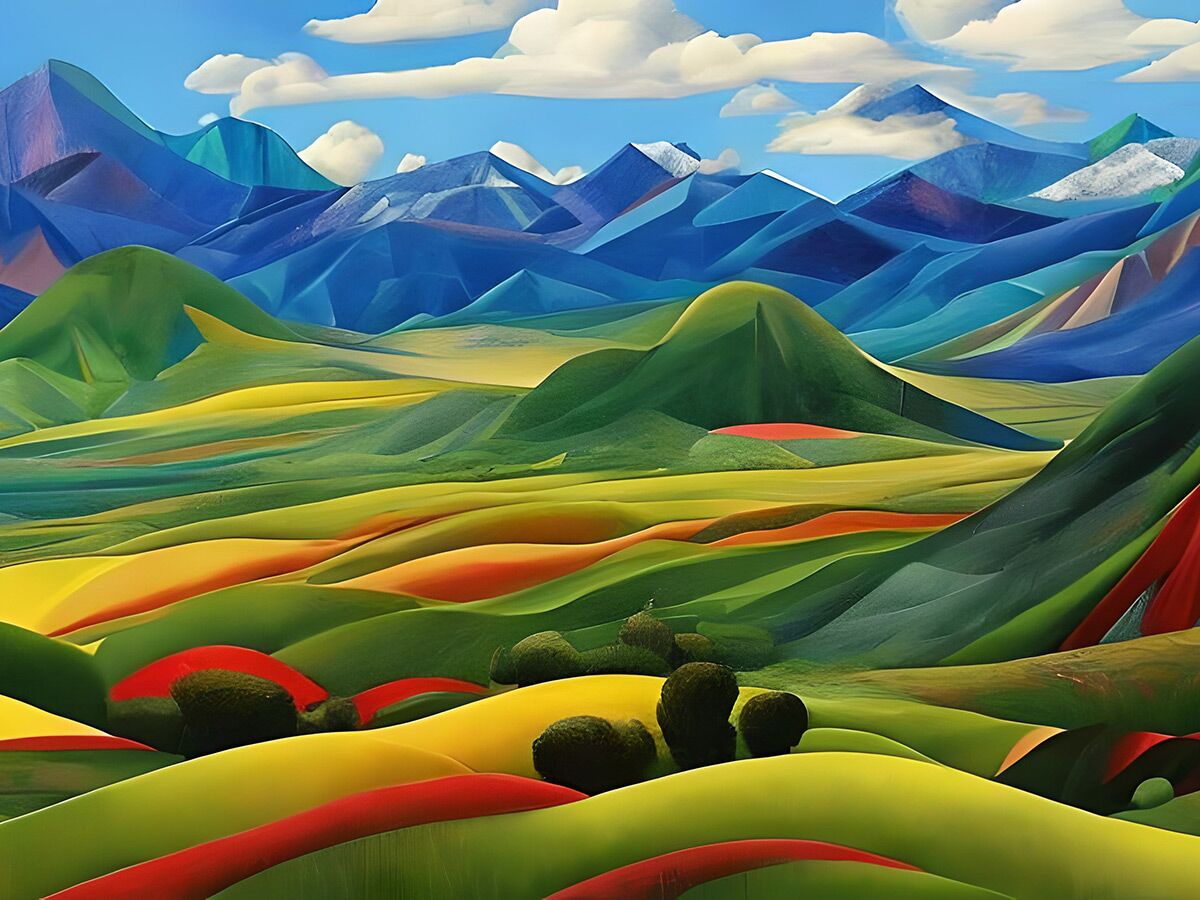 Vibrante, abstrakte Landschaft mit blauen Bergen, grünen und gelben Hügeln sowie roten Farbakzenten unter blauem Himmel.