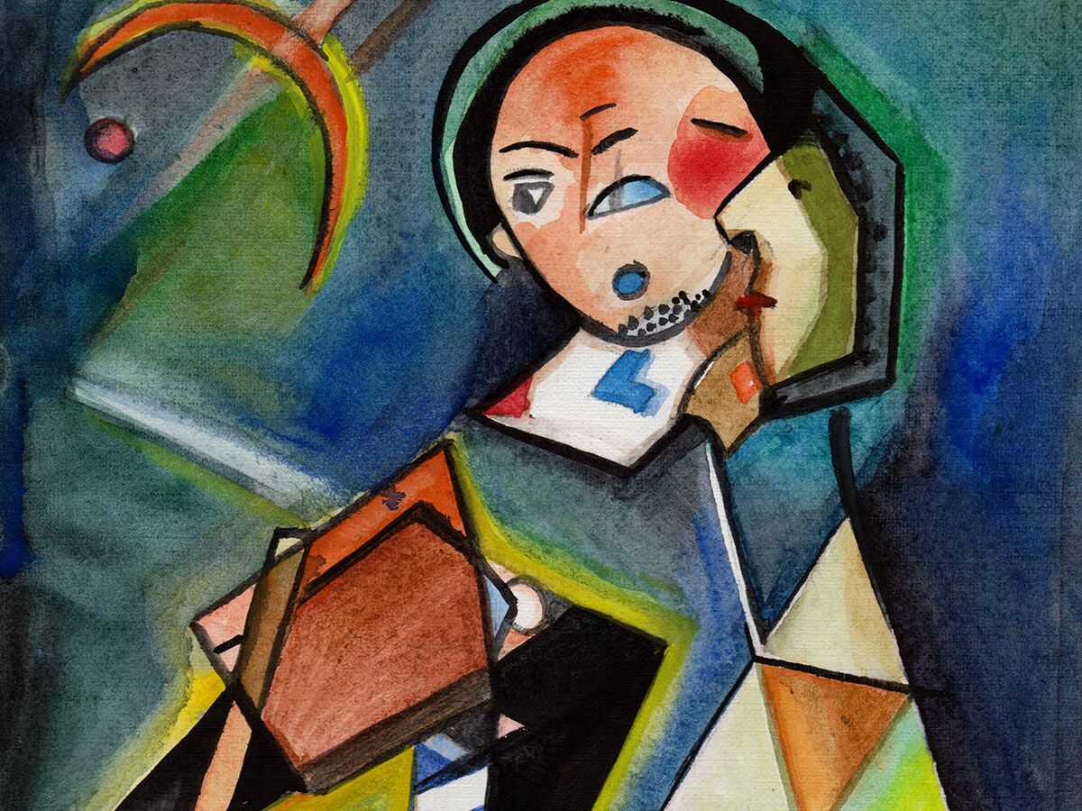 Abstraktes Aquarellgemälde im kubistischen Stil mit zwei geometrischen Figuren in Blau, Grün, Orange, die sich nahe sind.