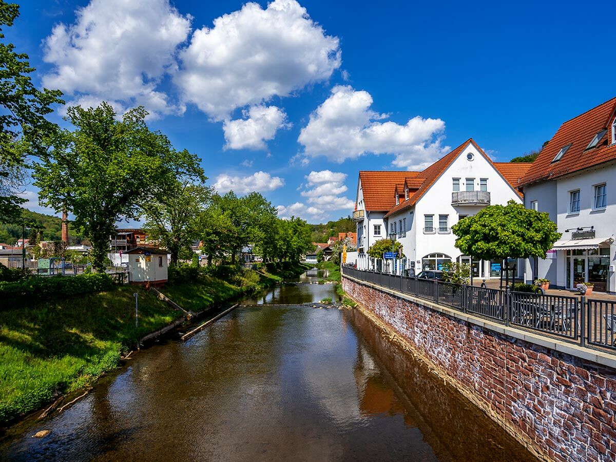 Sonnige Flusslandschaft in Deutschland mit charmanten weißen Häusern, roten Dächern, grünen Bäumen und blauem Himmel.
