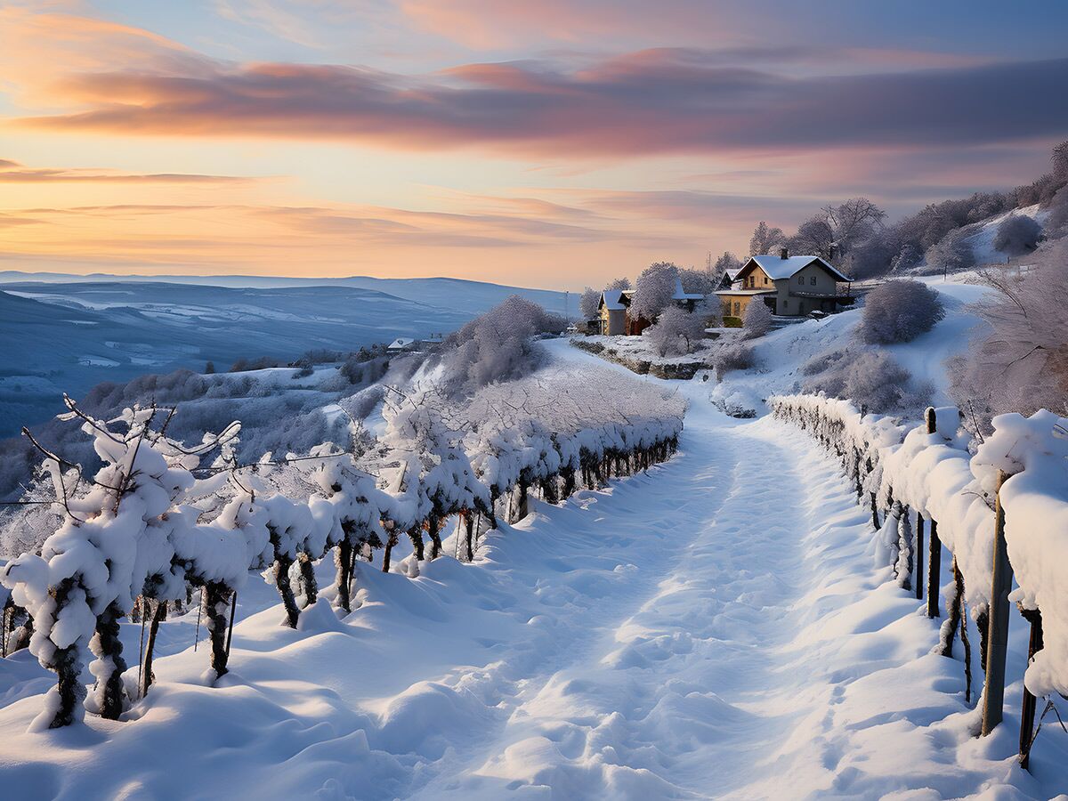 Verschneiter Weinbergspfad führt zu Häusern auf einem Hügel, warmes Licht eines Wintersonnenuntergangs am Himmel.