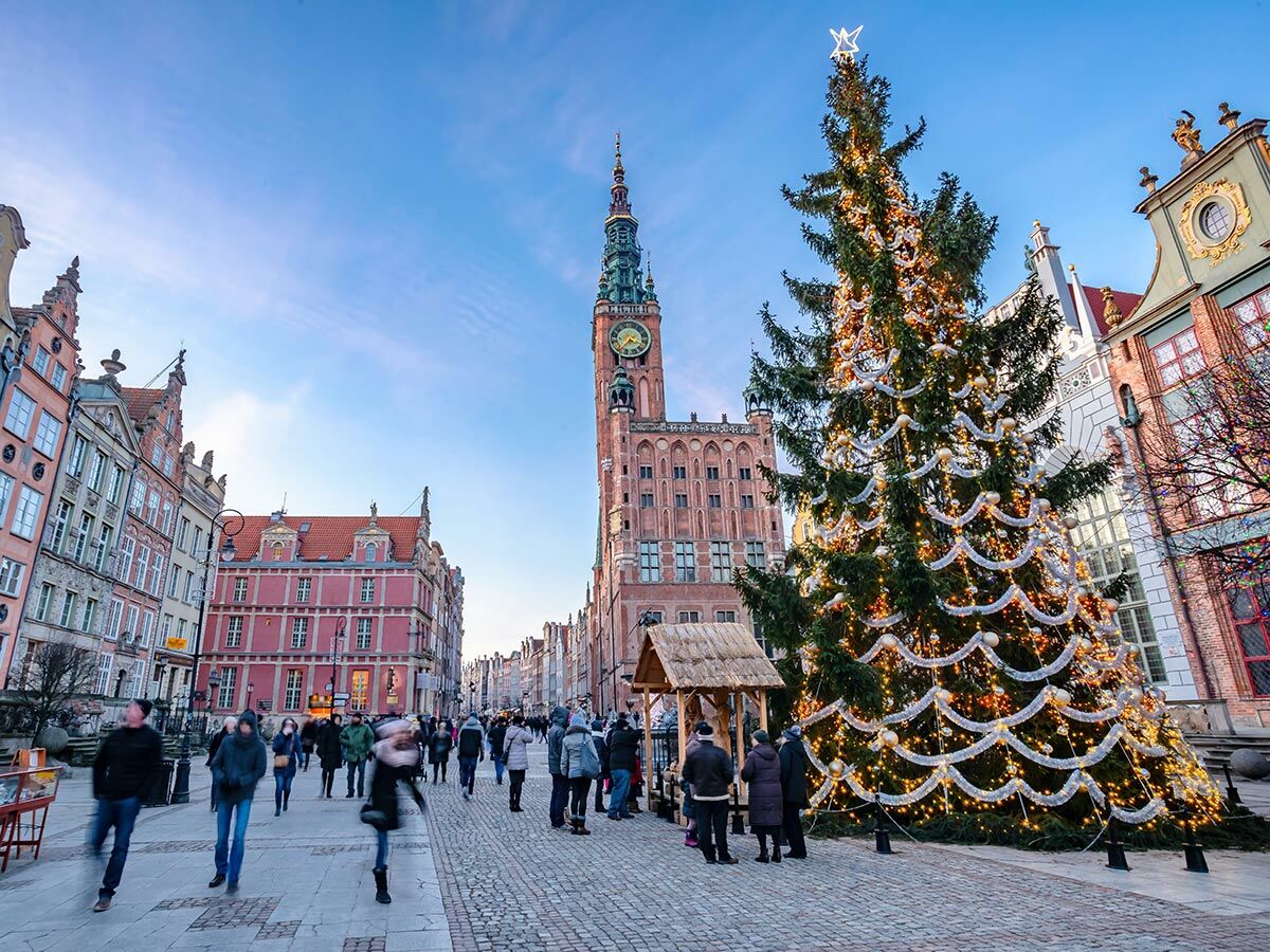 Festlicher Weihnachtsmarkt in Danzig mit geschmücktem Weihnachtsbaum, historischem Rathausturm und Menschen in der Altstadt.