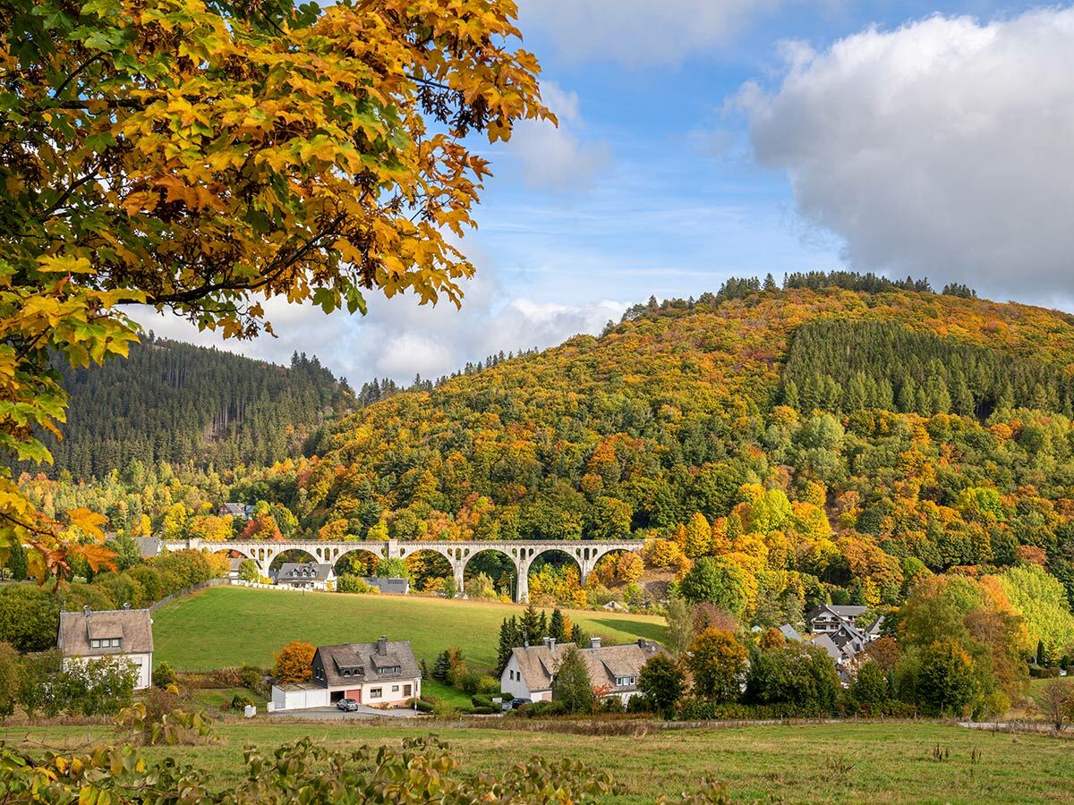 Malerische Herbstlandschaft mit einem steinernen Viadukt über ein Tal, umgeben von bunten Wäldern und Häusern.