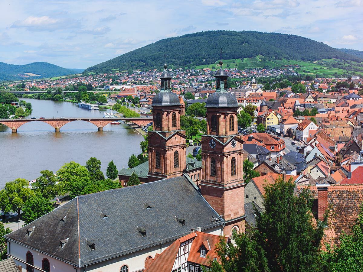 Panoramablick auf Aschaffenburg am Main mit der Stiftskirche, alter Brücke, roten Dächern und bewaldetem Berg.