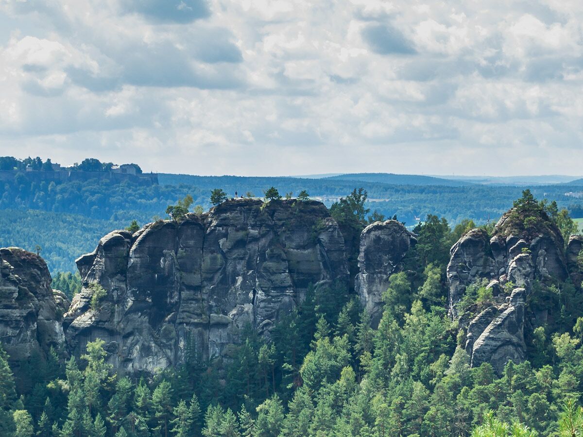 Panoramablick auf zerklüftete Sandsteinfelsen im Elbsandsteingebirge, umgeben von dichten Wäldern und der Festung Königstein am Horizont.