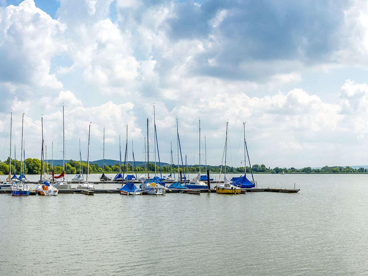 Zahlreiche Segelboote liegen an Stegen in einem ruhigen Hafen am See unter blauem Himmel mit weißen Wolken. Grüne Ufervegetation.