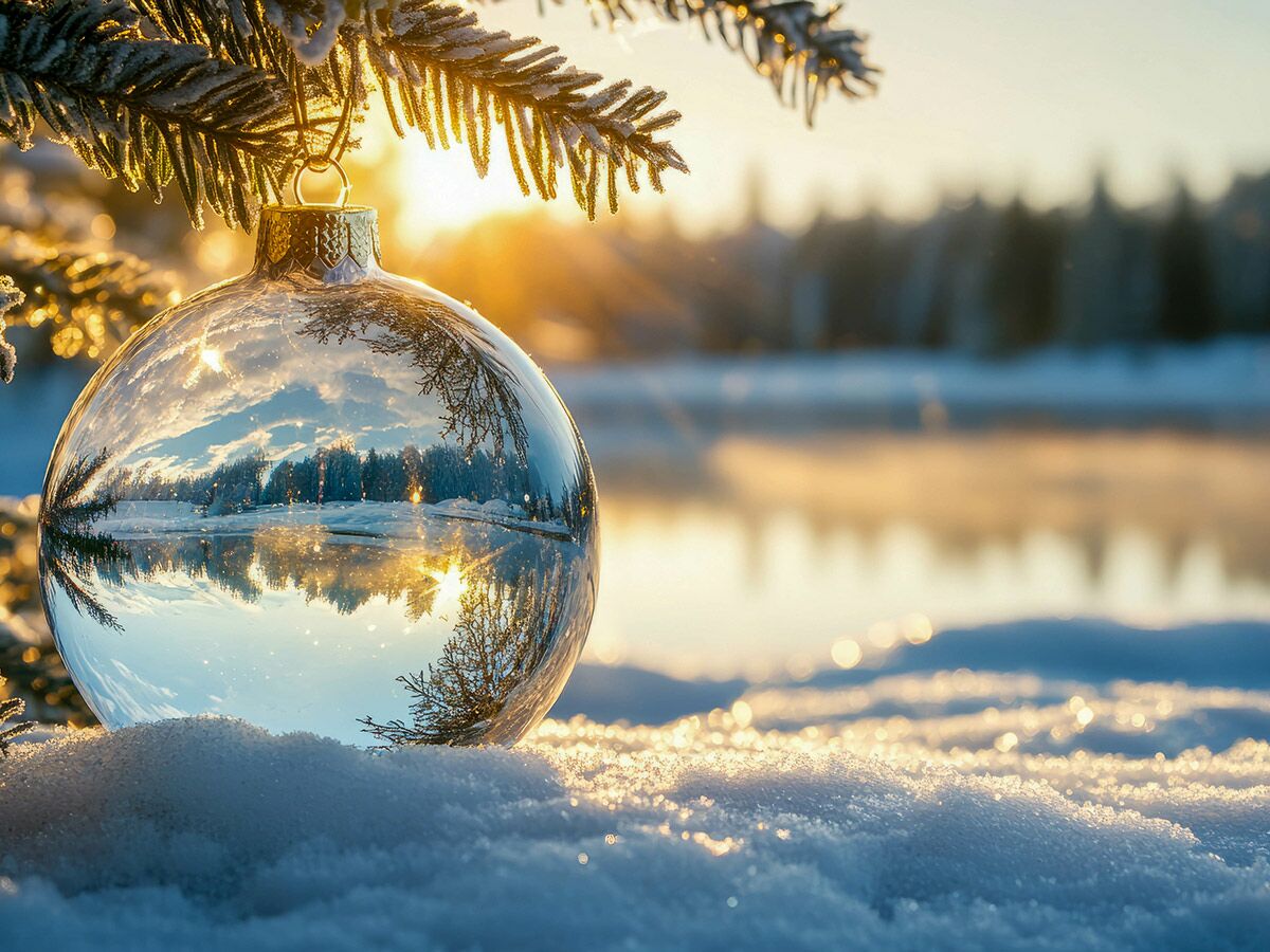 Eine gläserne Christbaumkugel liegt im Schnee und reflektiert eine verschneite Winterlandschaft mit See und Sonnenuntergang.