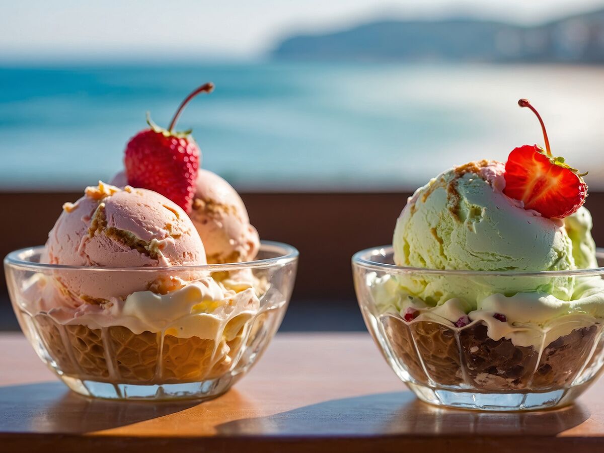 Zwei erfrischende Eisbecher mit Erdbeeren, rosa und grün, auf einem Holztisch mit Meerblick im Hintergrund.