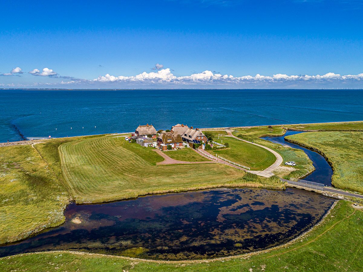 Luftaufnahme von reetgedeckten Häusern an der Nordseeküste mit grünen Feldern, Bach und Meer unter blauem Himmel.