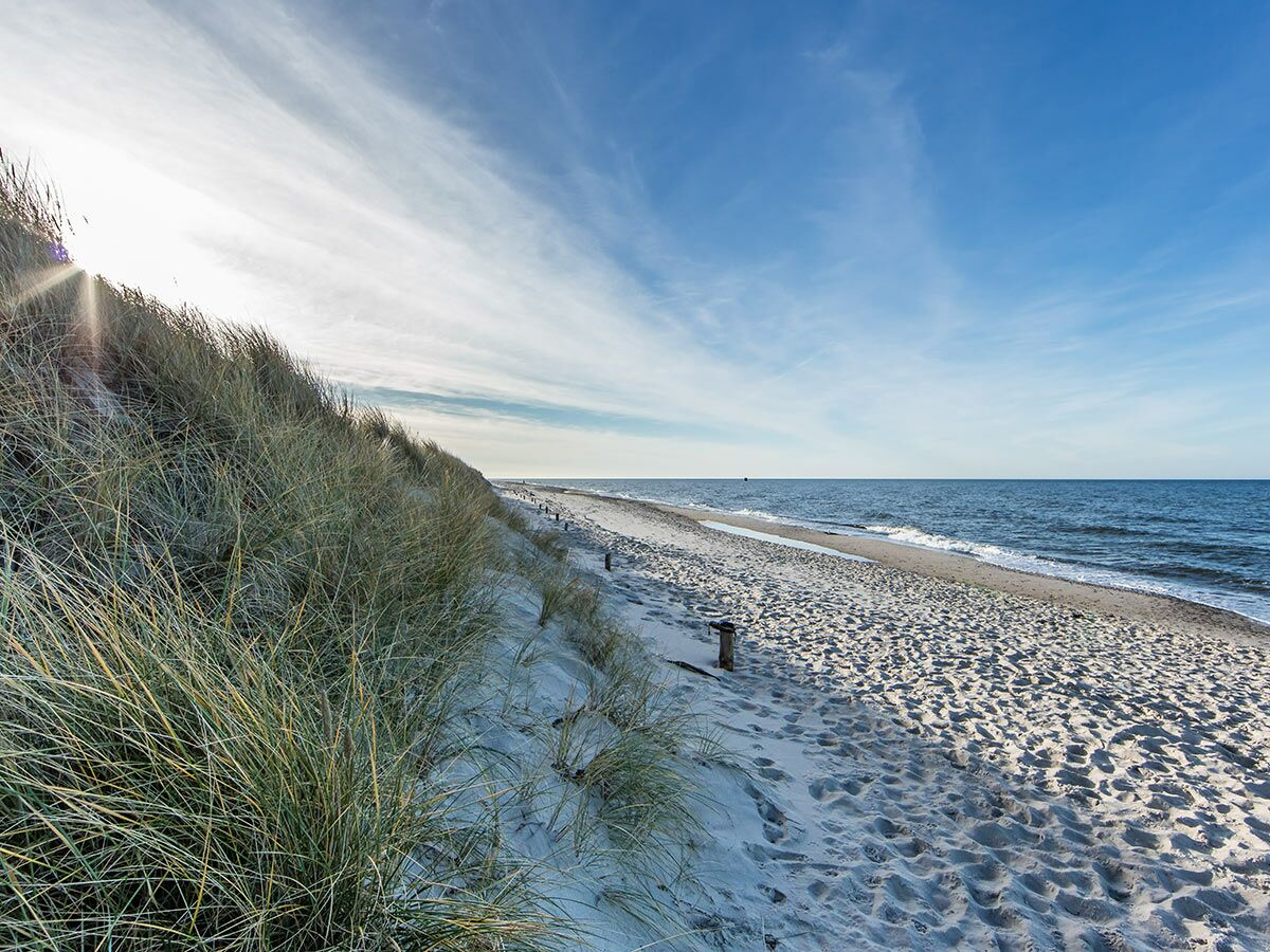 Sonnenbeschienene Stranddünen mit Strandhafer am Meer unter weitem, blauem Himmel mit leichten Wolken.