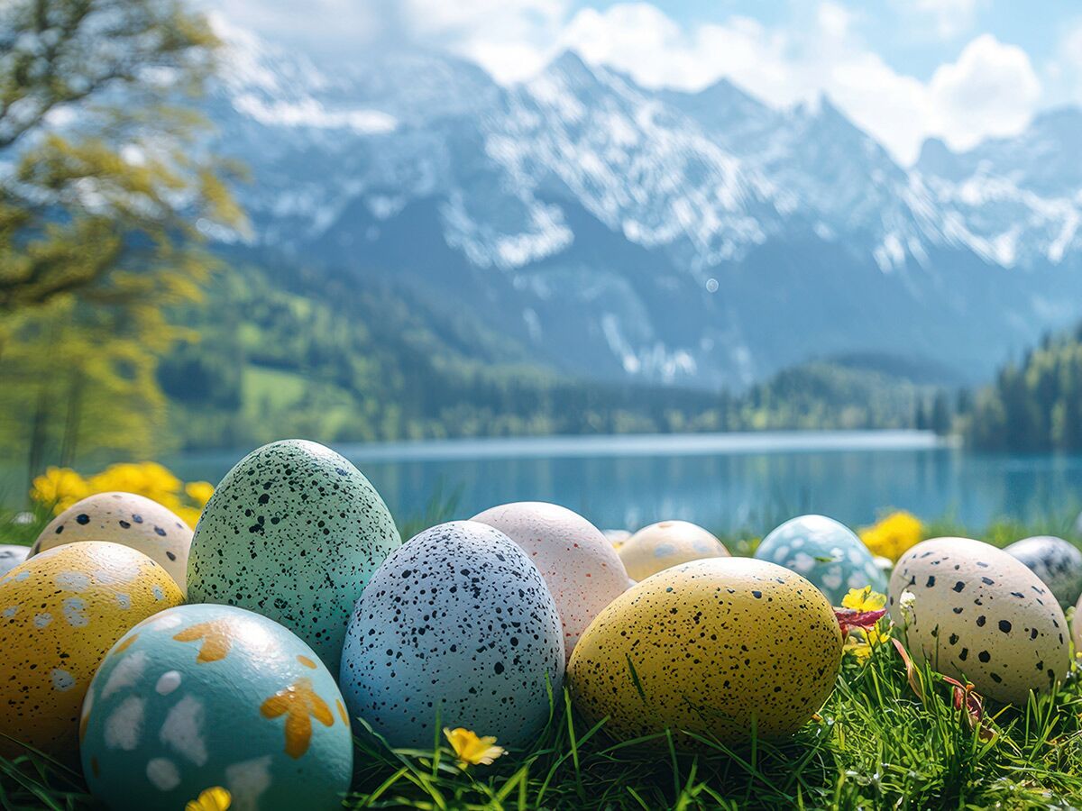 Bunte gesprenkelte Ostereier liegen im grünen Gras mit gelben Blumen. Im Hintergrund ein See und schneebedeckte Berge.