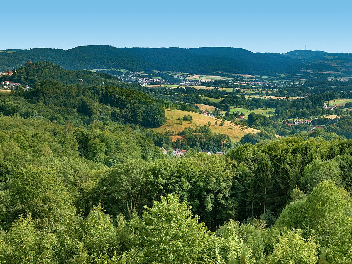 Weitläufige grüne Hügellandschaft mit dichten Wäldern, verstreuten Dörfern, Feldern, einem Schloss und blauem Himmel.