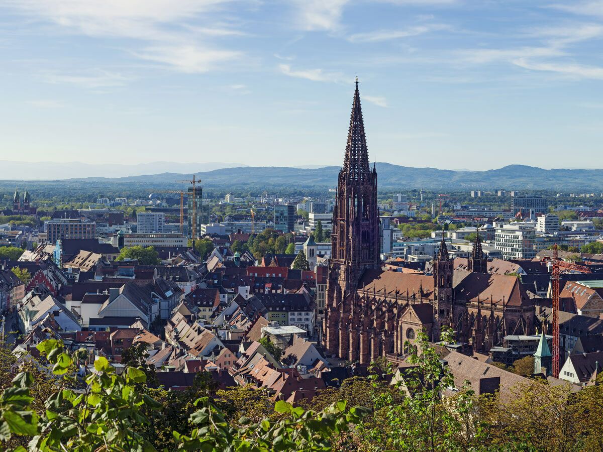 Panoramablick auf das Freiburger Münster und die historische Altstadt vor einer bergigen Landschaft unter blauem Himmel.