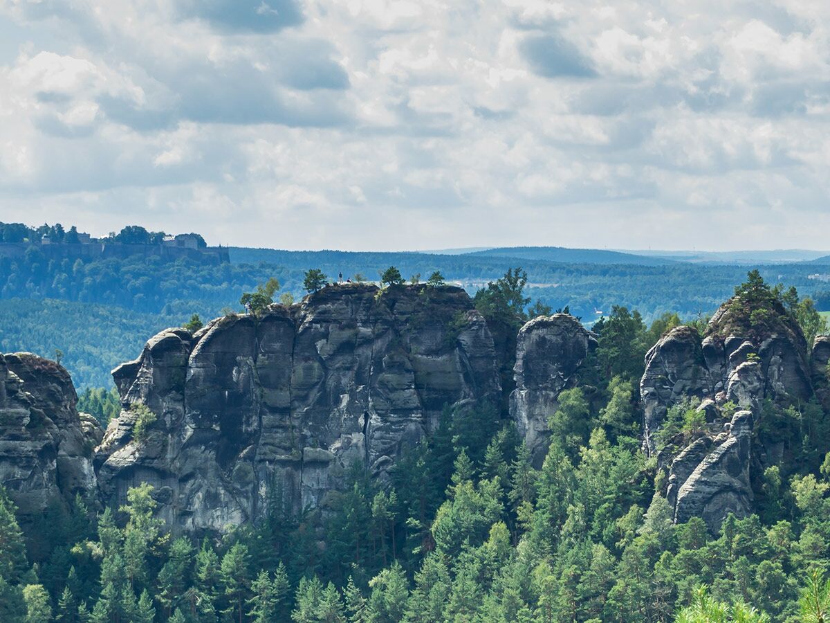 Majestätische Felslandschaft der Sächsischen Schweiz mit dichten Wäldern, markanten Sandsteinformationen und Festung Königstein im Hintergrund.