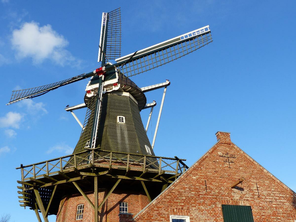 Historische holländische Backsteinwindmühle mit Holzplattform und großen Flügeln unter blauem Himmel neben rotem Backsteingebäude.