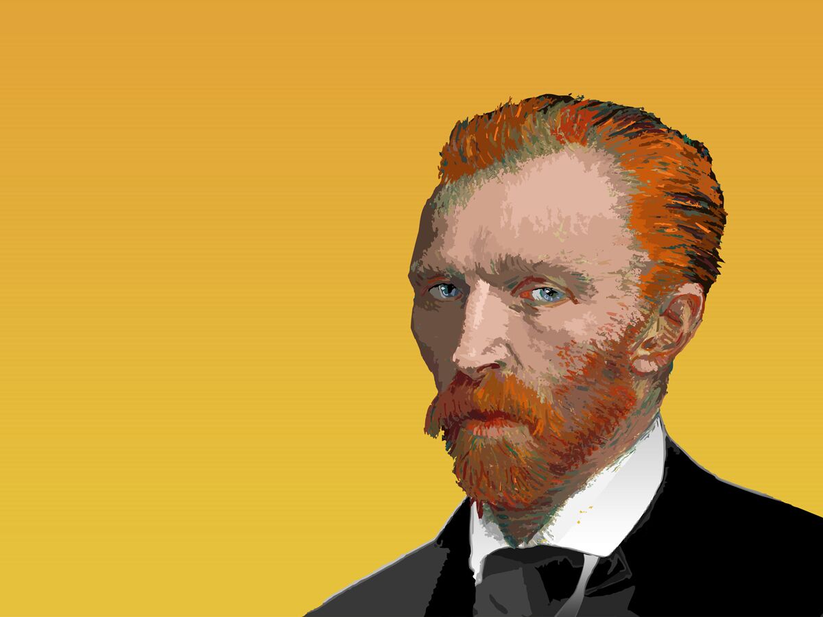 Digitales Porträt des niederländischen Malers Vincent van Gogh mit rotem Haar, Bart und blauen Augen vor gelbem Hintergrund.