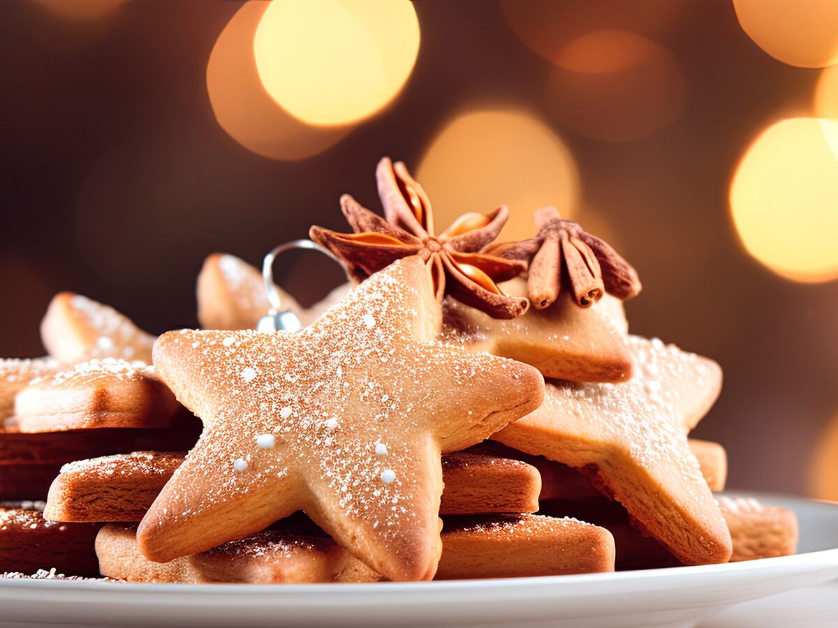 Stapel von Stern-Lebkuchen mit Puderzucker und Sternanis, vor warmen Weihnachtslichtern auf einer weißen Platte.