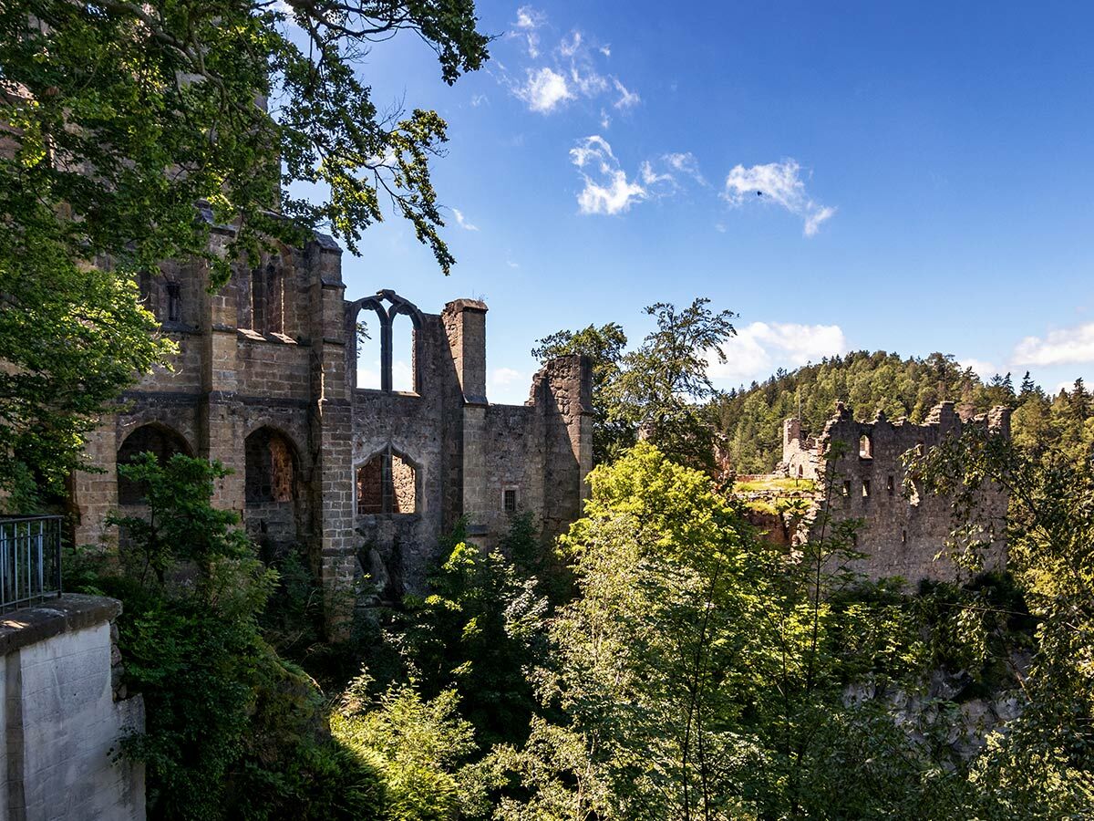 Malerische Burgruine inmitten eines grünen Waldes unter blauem Himmel an einem sonnigen Tag. Alte Steinmauern und Fensterbögen.