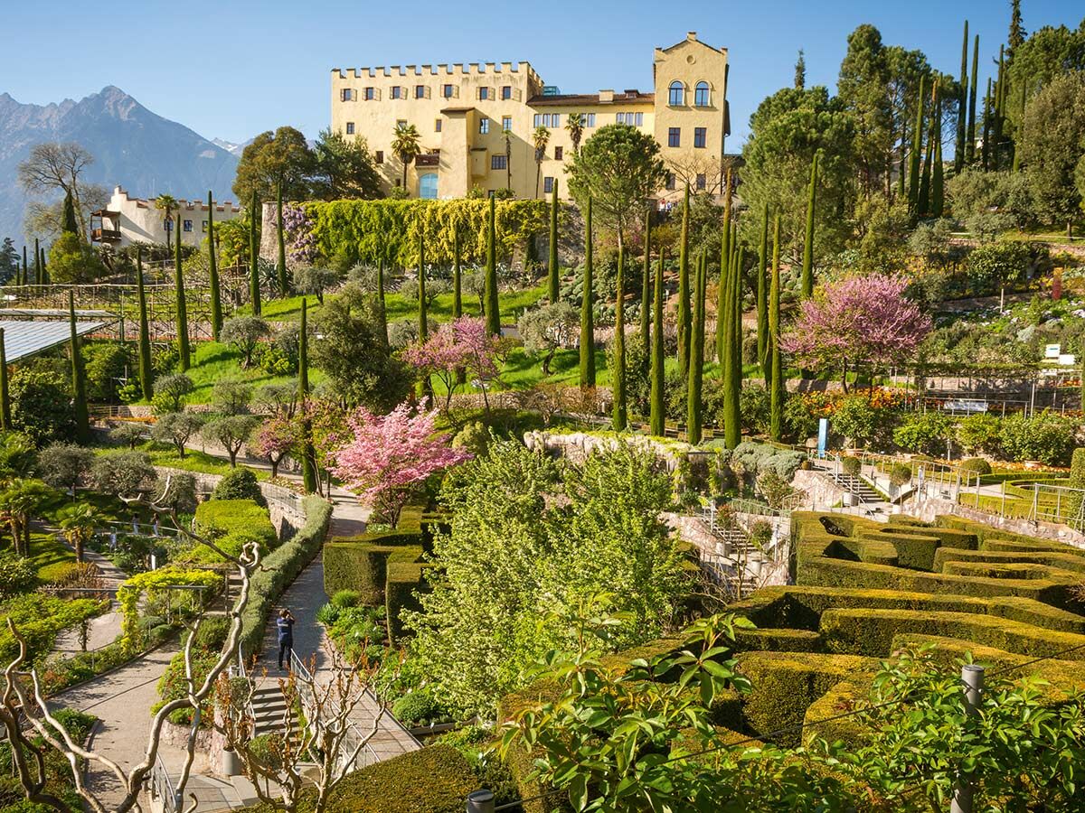 Schloss Trauttmansdorff mit terrassierten Gärten, blühenden Bäumen, Zypressen und Bergen unter blauem Himmel in Meran.