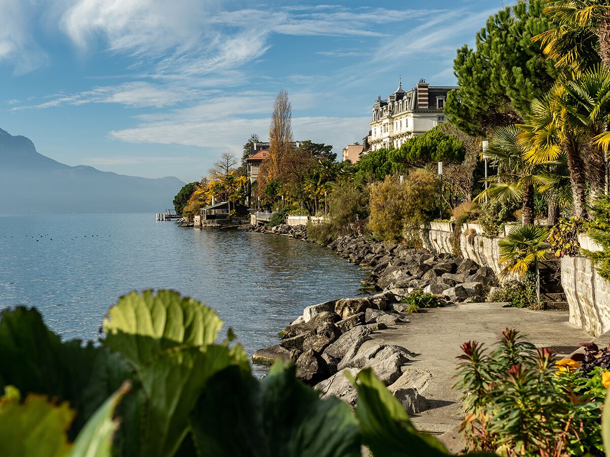 Malerische Seeufer-Promenade am Genfersee mit Villen, Palmen, Herbstbäumen und Bergen unter blauem Himmel.