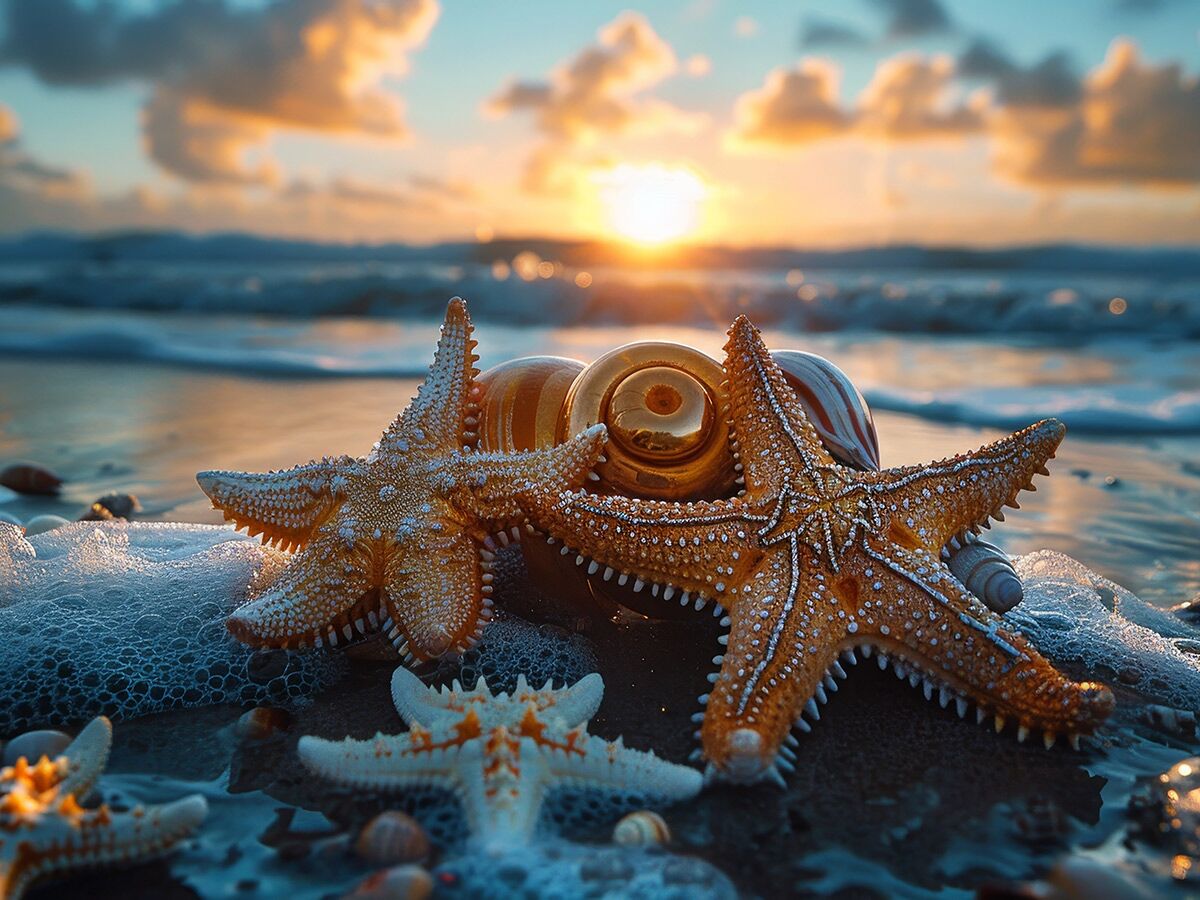 Zwei große Seesterne und eine goldene Muschel am Strand bei Sonnenuntergang, umgeben von sanften Meereswellen.