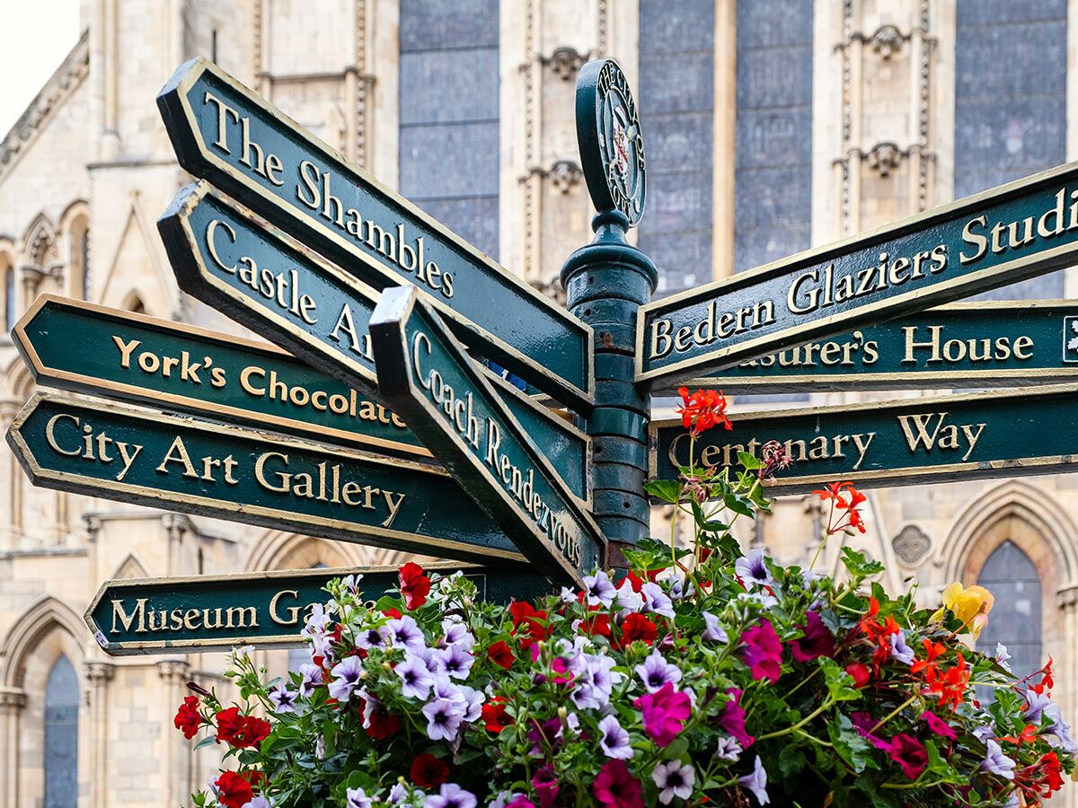 Grüner Wegweiser in York, England, zeigt Touristenattraktionen wie The Shambles, York's Chocolate Story, umgeben von Blumen.