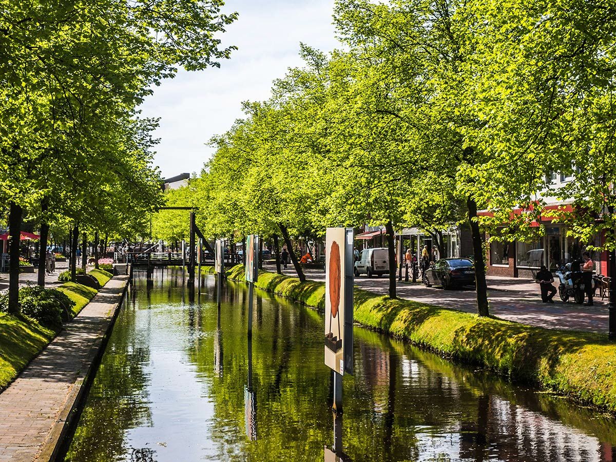 Ein sonniger Kanal in einer Stadt, gesäumt von leuchtend grünen Bäumen, mit einer Holzbrücke und Gebäuden im Hintergrund.