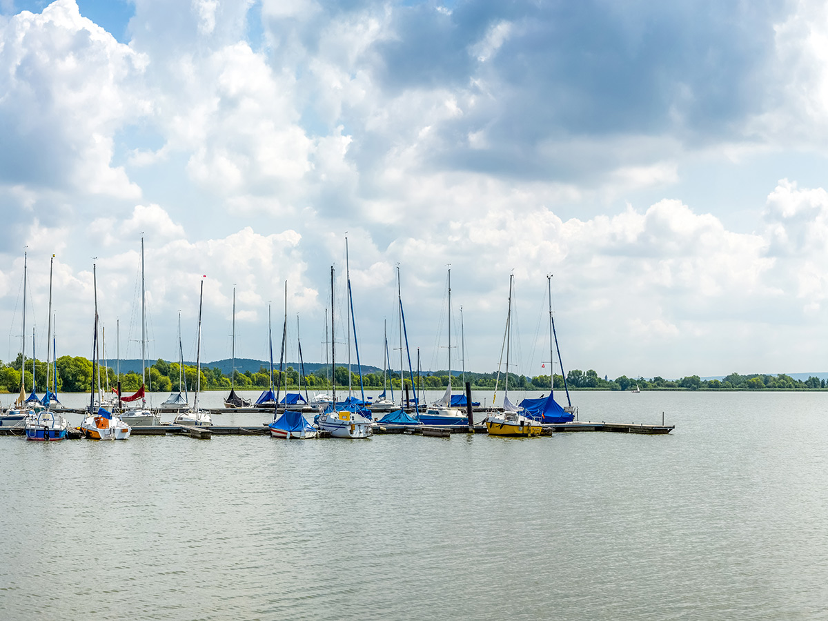 Zahlreiche Segelboote liegen an Stegen in einem ruhigen Hafen am See unter blauem Himmel mit weißen Wolken. Grüne Ufervegetation.