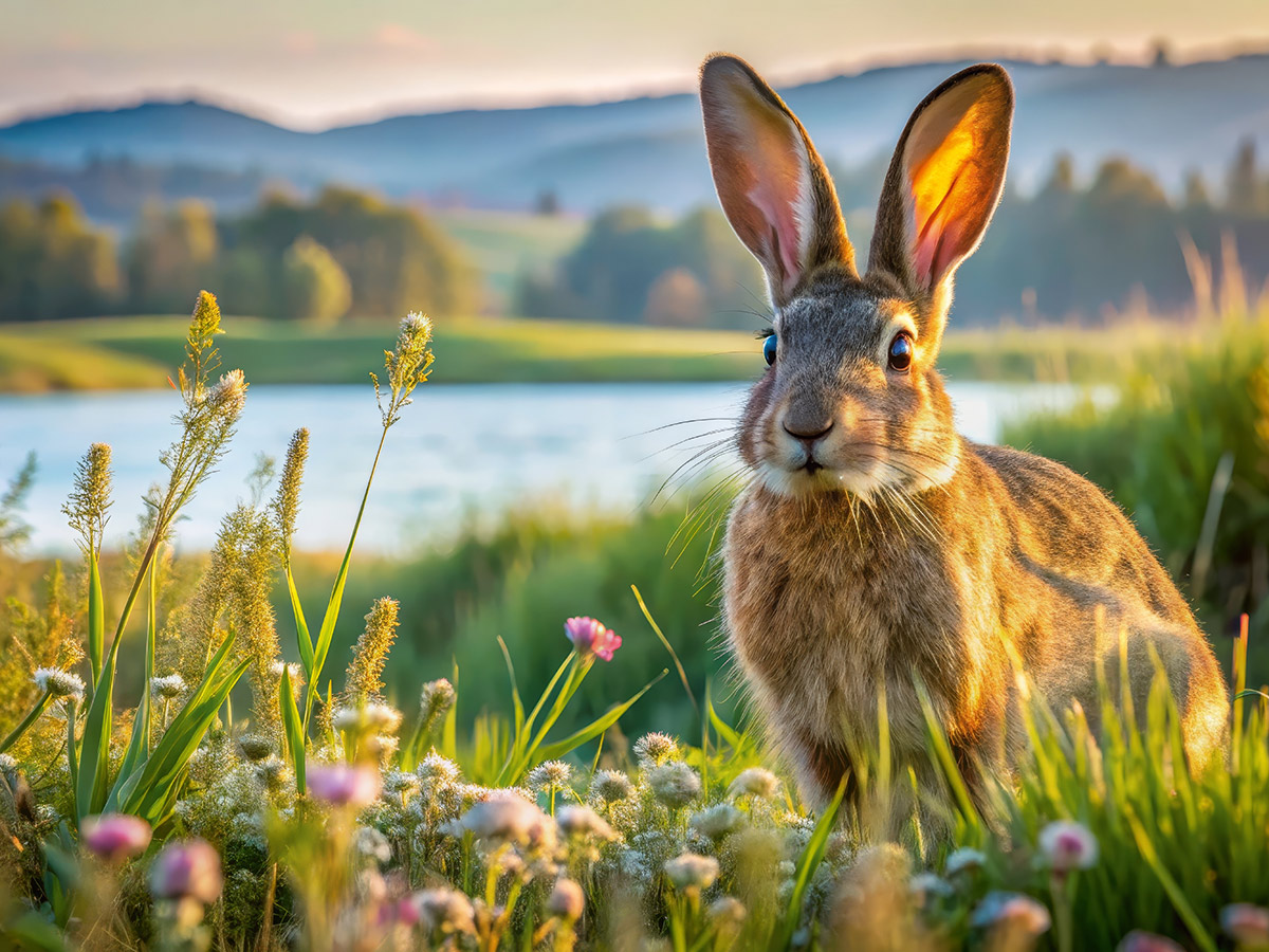 Nahaufnahme eines Hasen auf einer sonnenbeschienenen Wiese mit Blumen, einem See und Bergen im Hintergrund, Abendlicht.